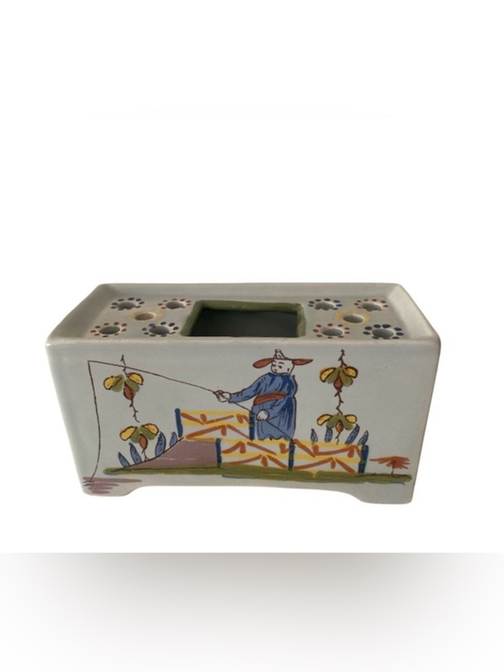Vintage MCM 1970's Delft Pottery Williamsburg Restoration Flower Frog Vase Brick